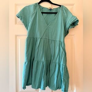 Woman Within Teal V-Neck Tiered Short Sleeve Tunic Dress